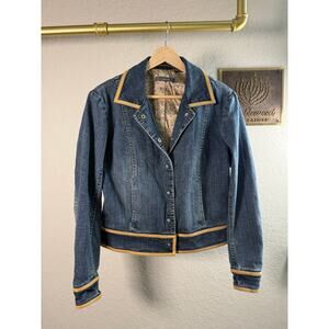 Women's Liz Claiborne Denim Blue Jean Tan Trimmed Snap Front Jacket Size 4